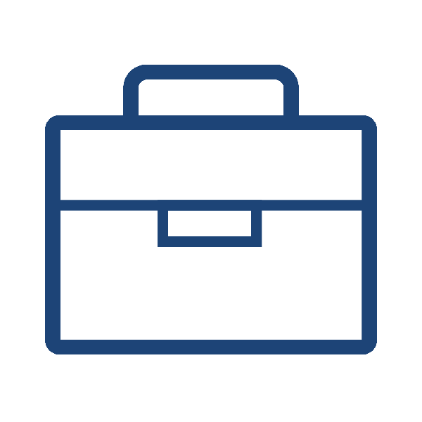 A simple blue outline of a briefcase with a handle and a small clasp in the centre.