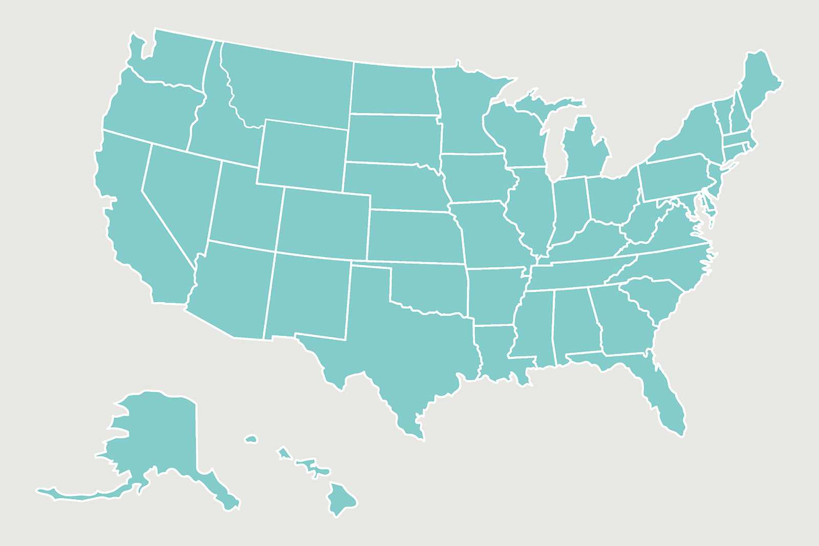 A light teal map of the contiguous United States and Alaska, with state boundaries clearly defined.