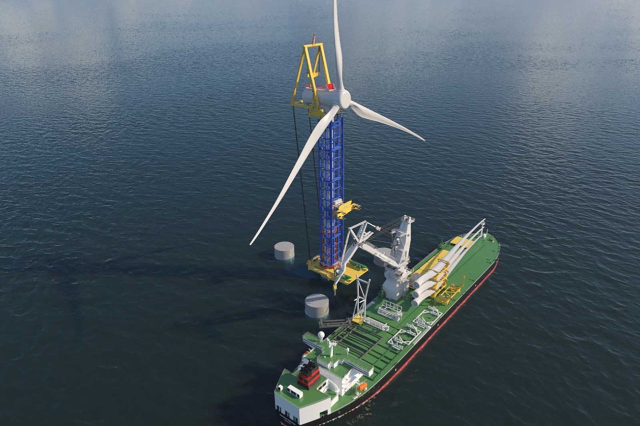 A vessel installs a large wind turbine in the ocean, featuring a blue tower and white blades amidst calm water.