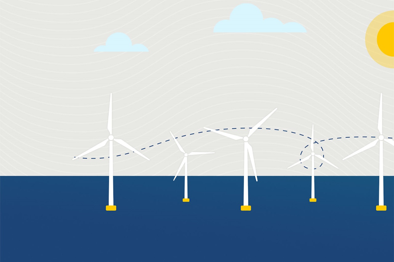 A digital illustration of wind turbines in the ocean under a clear sky with clouds and a sun.