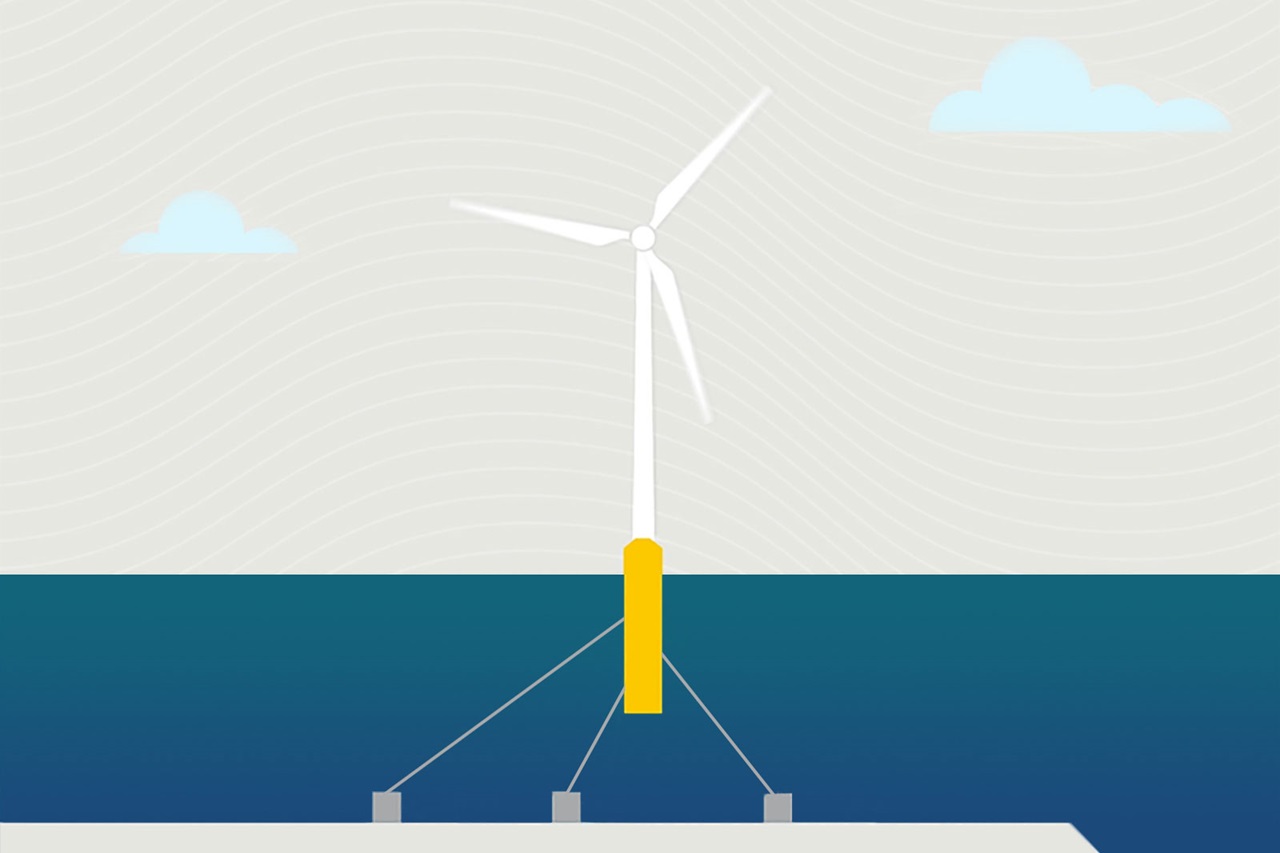 A digital illustration of a wind turbine standing on a platform above the ocean with a light grey sky and subtle clouds.