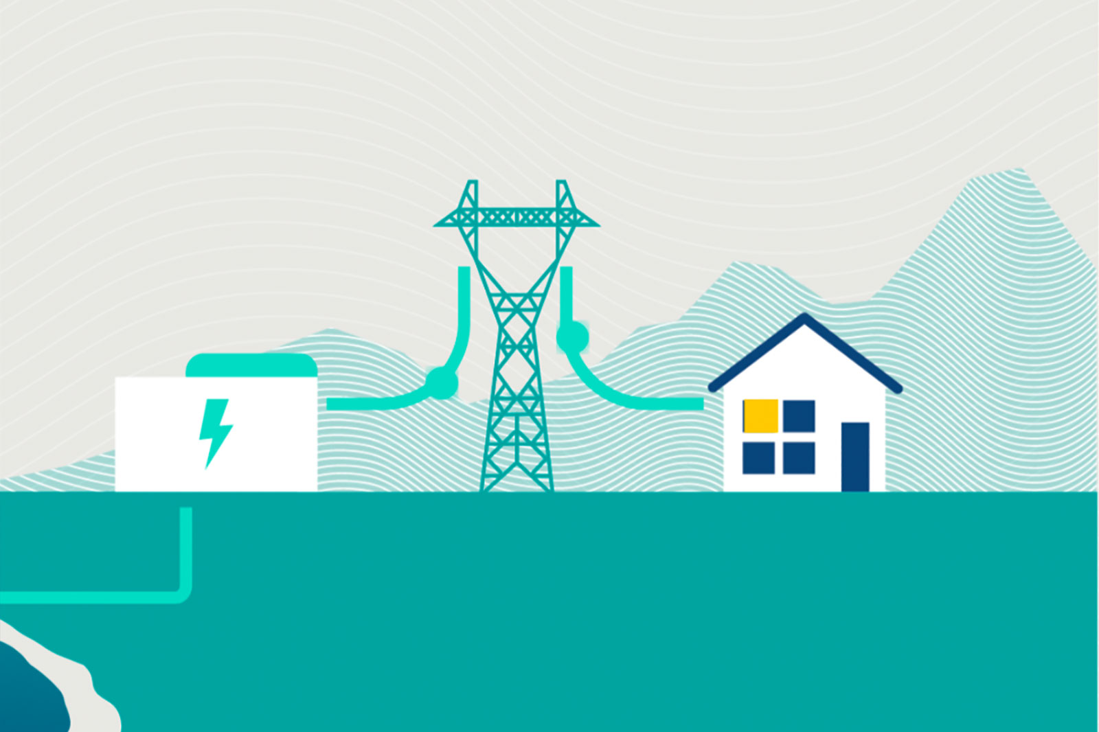 An illustration showing a power line, a battery, and a house, symbolising electricity distribution.