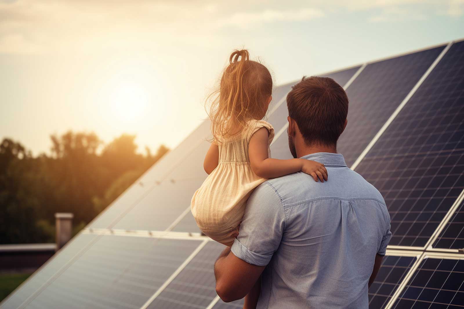 A father holds his daughter while gazing at solar panels during sunset, showcasing family connection and renewable energy.
