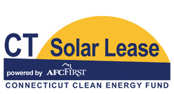 Logo for CT Solar Lease featuring a sun graphic and text, powered by AFCFirst and supported by the Connecticut Clean Energy Fund.