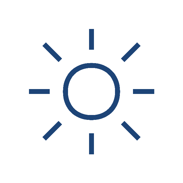 A simple blue sun icon with a central circular shape and rays emanating outward, representing sunlight.