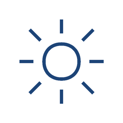 A simple blue sun icon with a central circular shape and rays emanating outward, representing sunlight.