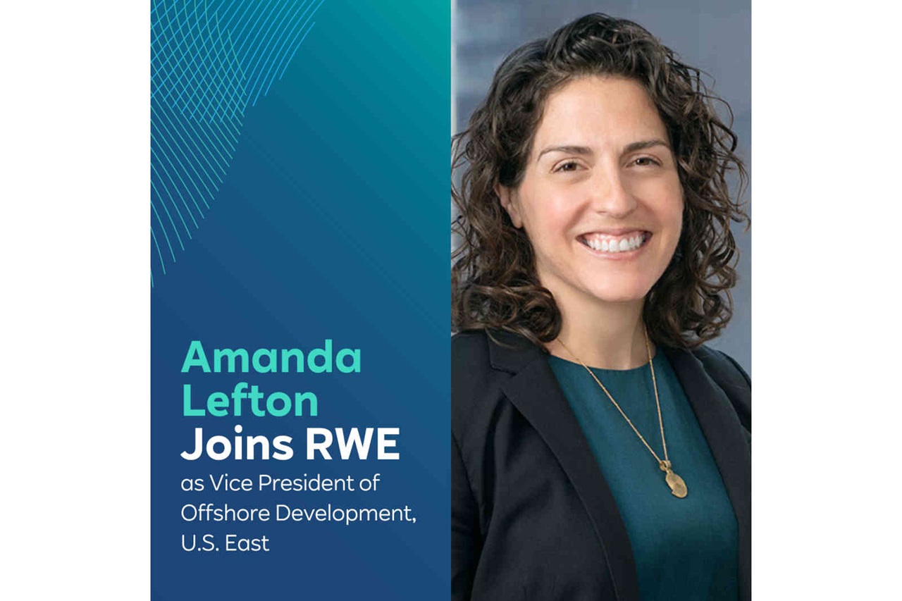 A woman with curly hair, wearing a black blazer, announces her new role as Vice President of Offshore Development at RWE.