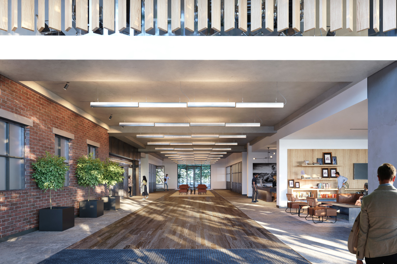 A spacious modern interior featuring brick walls, wooden flooring, plants, and seating areas, with people interacting.