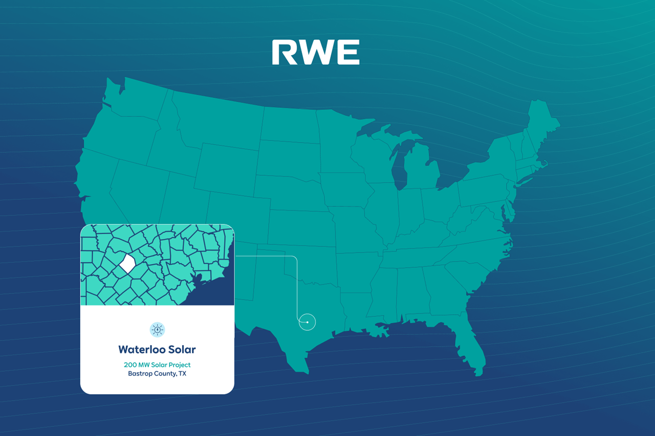 A map of the USA highlighting the Waterloo Solar project in Bastrop County, Texas, with the RWE logo above.
