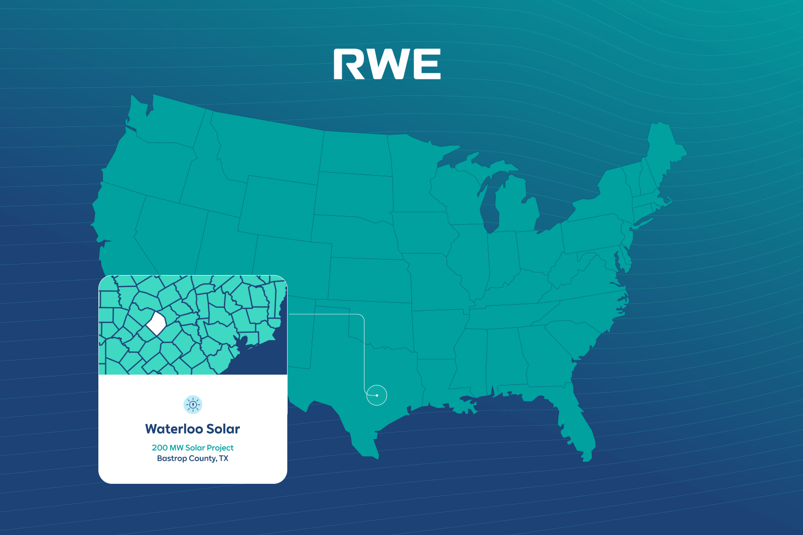 A map of the USA highlighting the Waterloo Solar project in Bastrop County, Texas, with the RWE logo above.