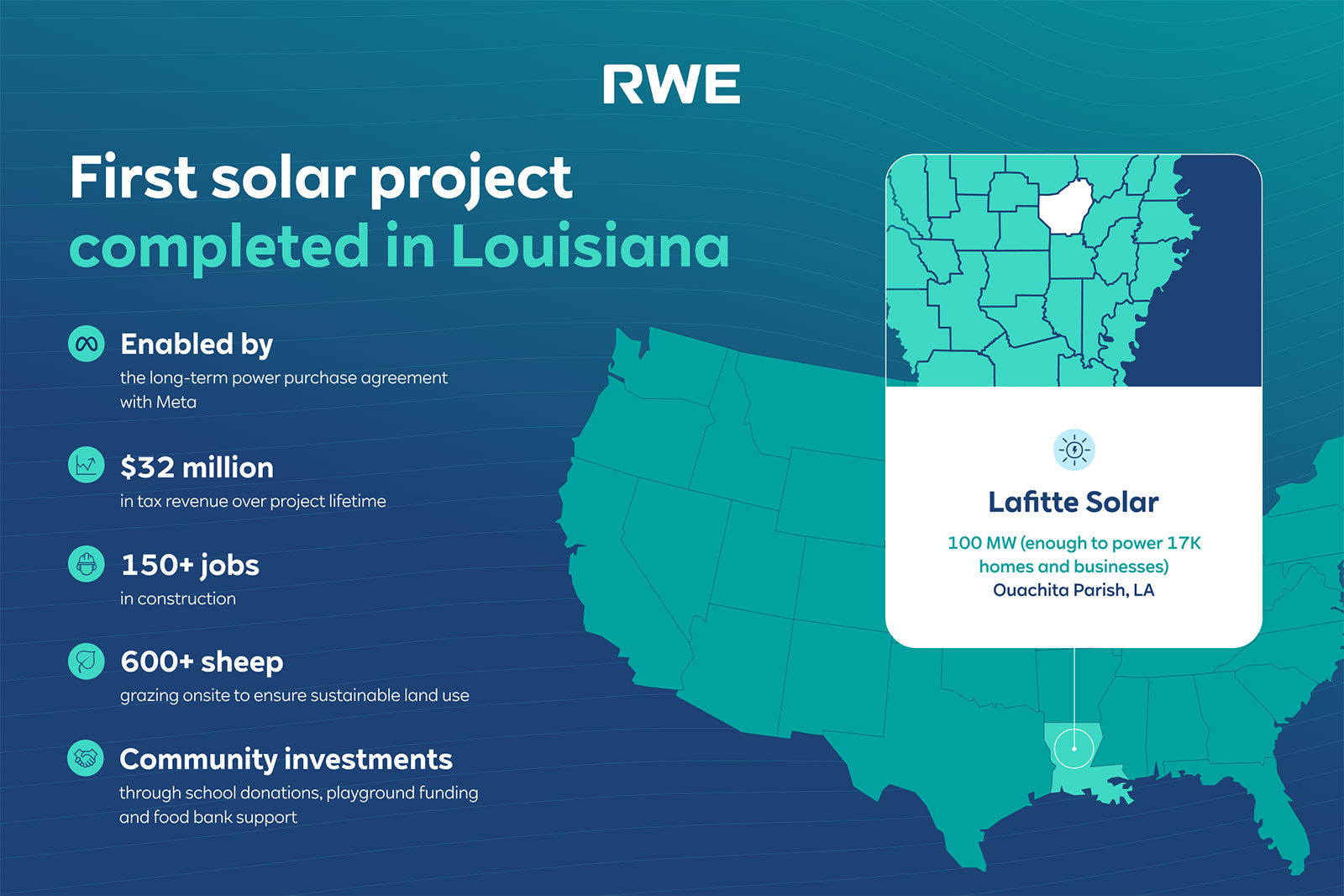 A map highlighting the first solar project in Louisiana, featuring project details and community impact statistics.