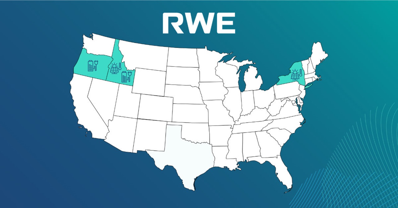 A map of the USA highlighting specific regions in turquoise, with icons representing various industries. The title 'RWE' is displayed above.