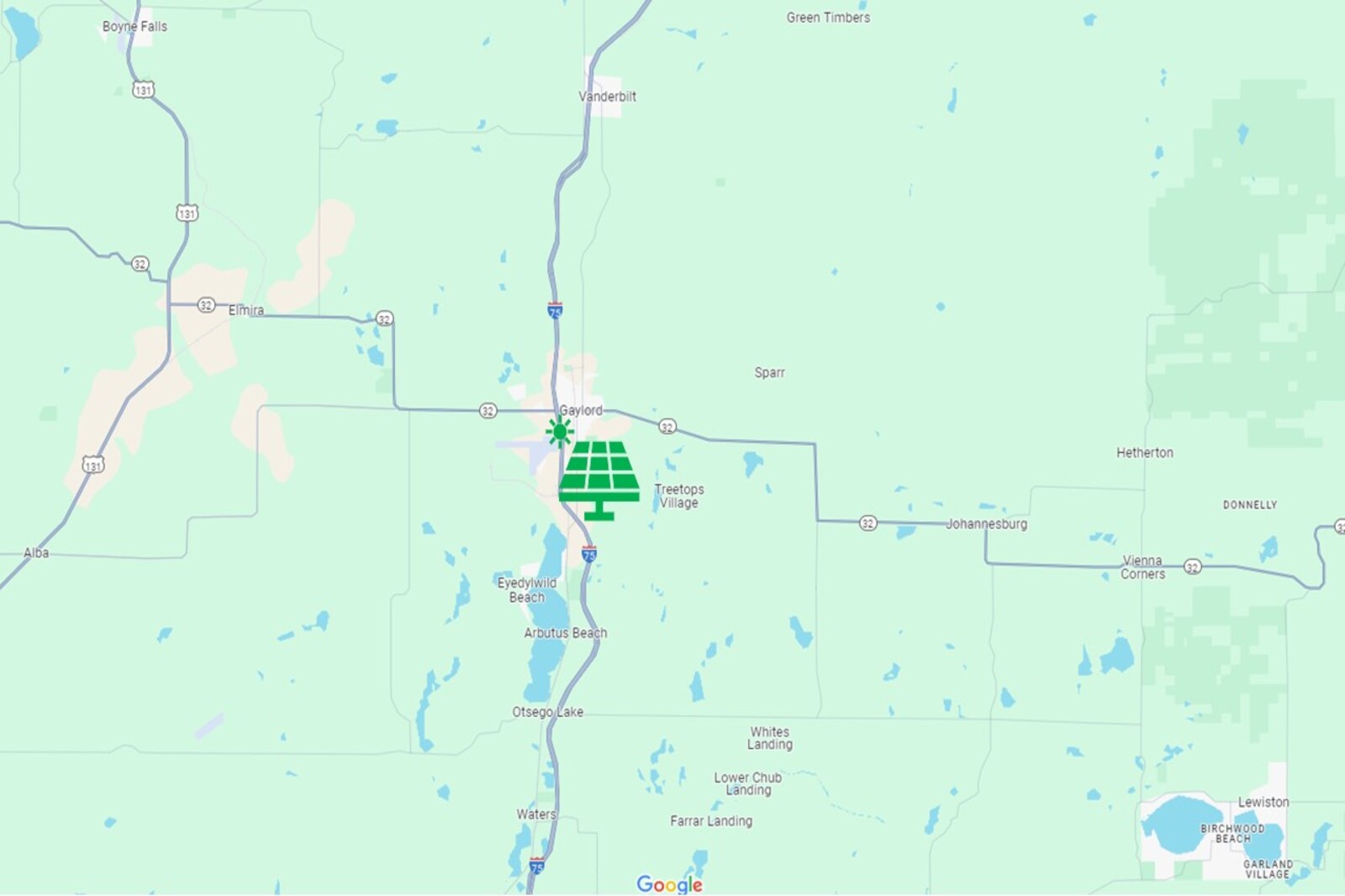 Map showing Treetops Village near Gaylord, Michigan, surrounded by lakes and forested areas.