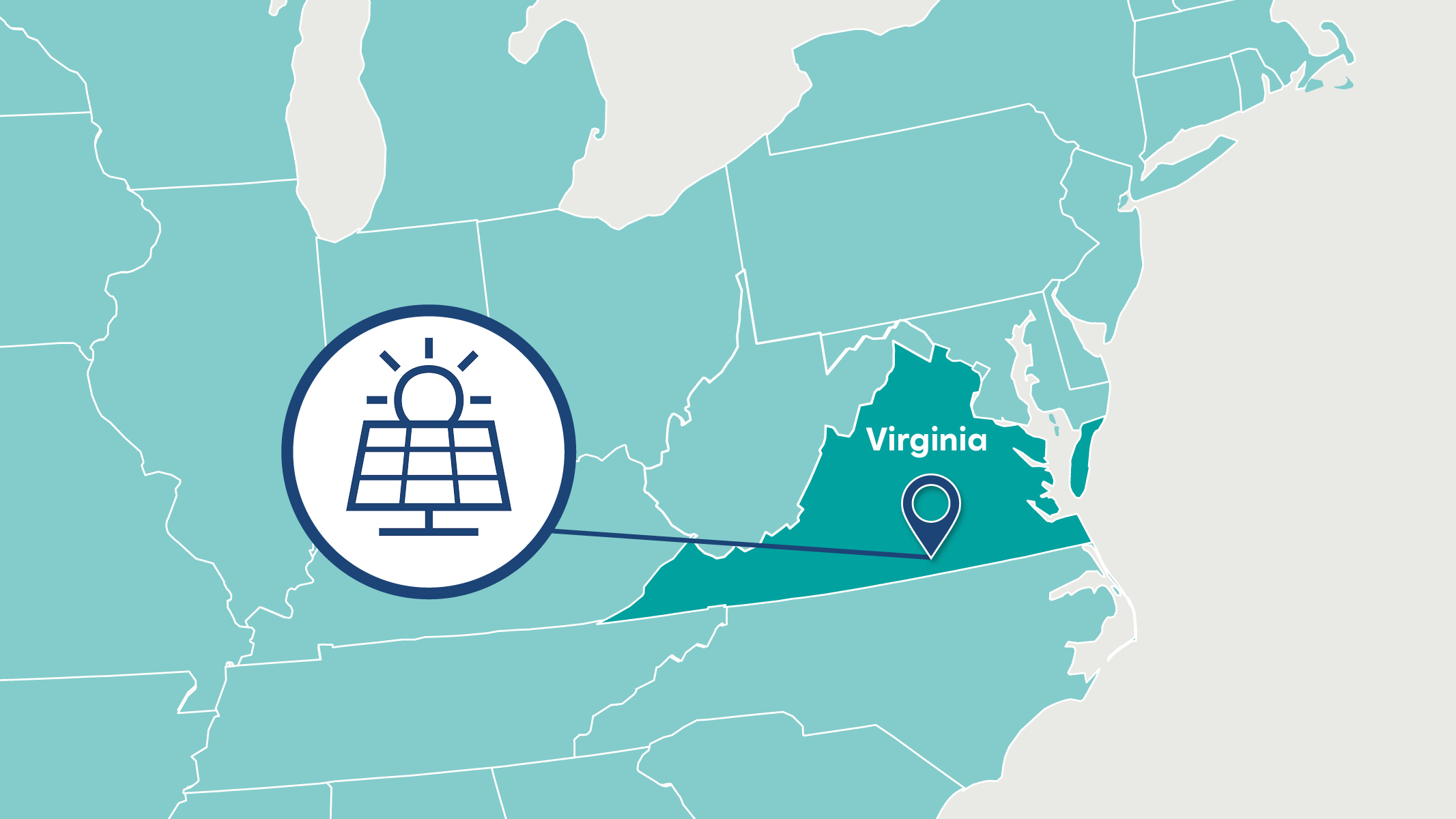 A map showing Virginia highlighted with a solar panel icon and location marker, set against a lighter background.