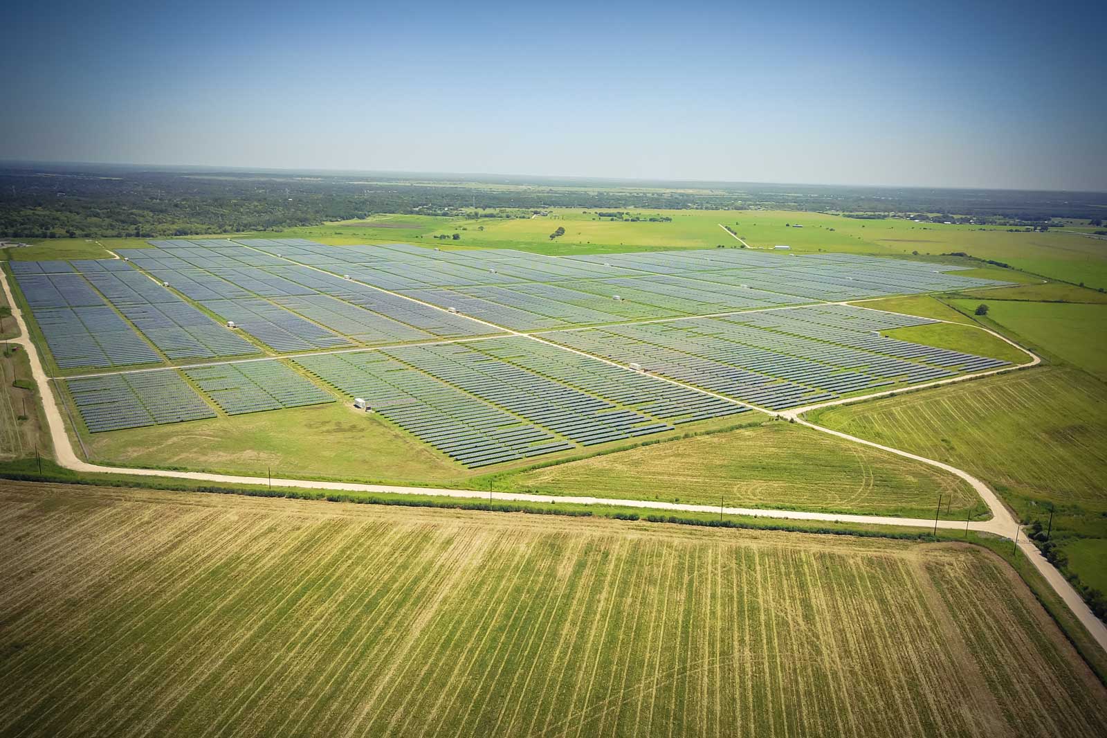 Aerial view of a vast solar farm with numerous solar panels arranged in rows, bordered by green fields.