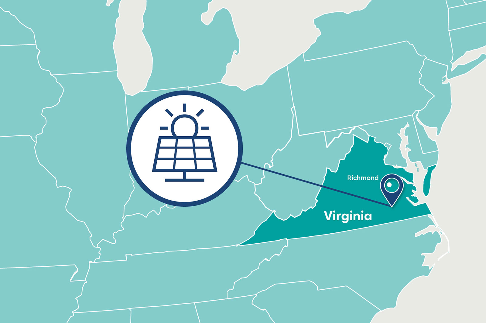 A simplified map highlighting Richmond, Virginia, with an icon representing solar energy.