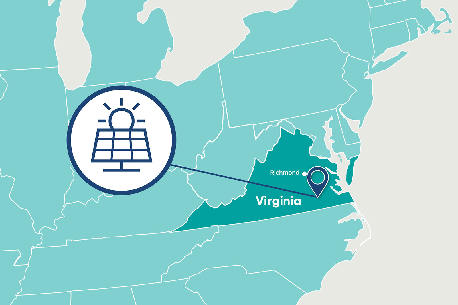 A map highlighting Virginia with a solar panel icon and a marker for Richmond, illustrating renewable energy focus.