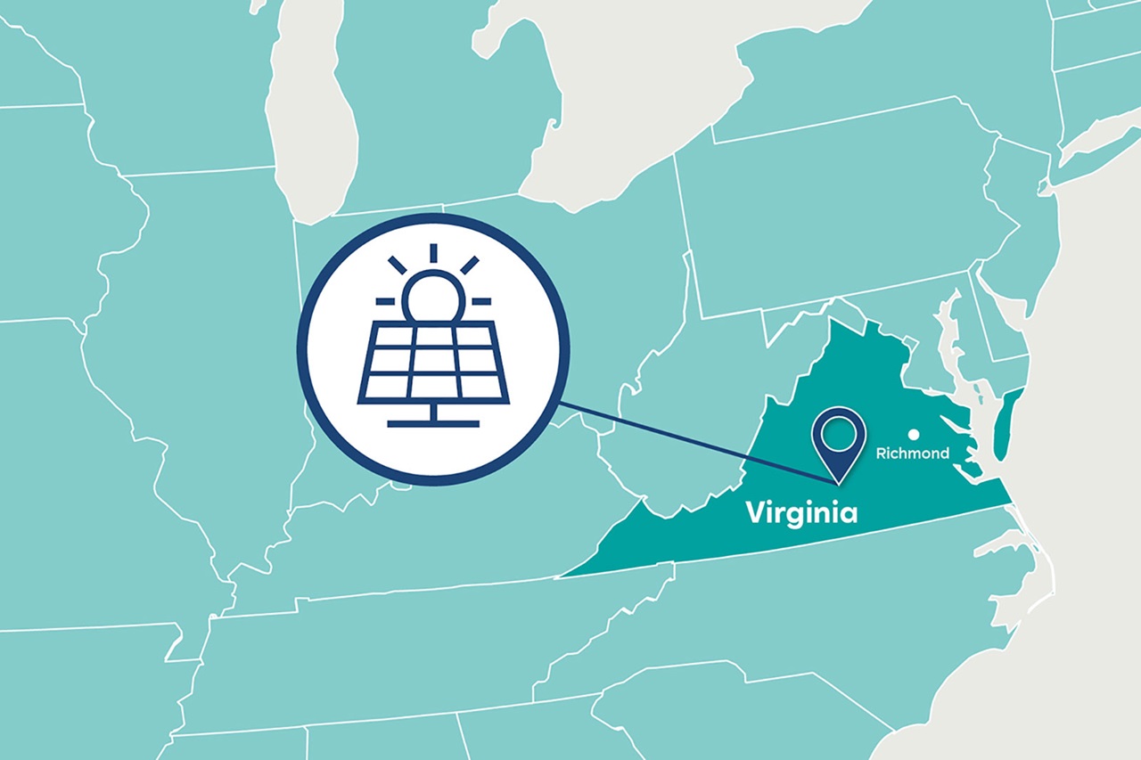 A map highlighting Virginia with a solar panel icon, indicating solar energy emphasis, and the city of Richmond marked.