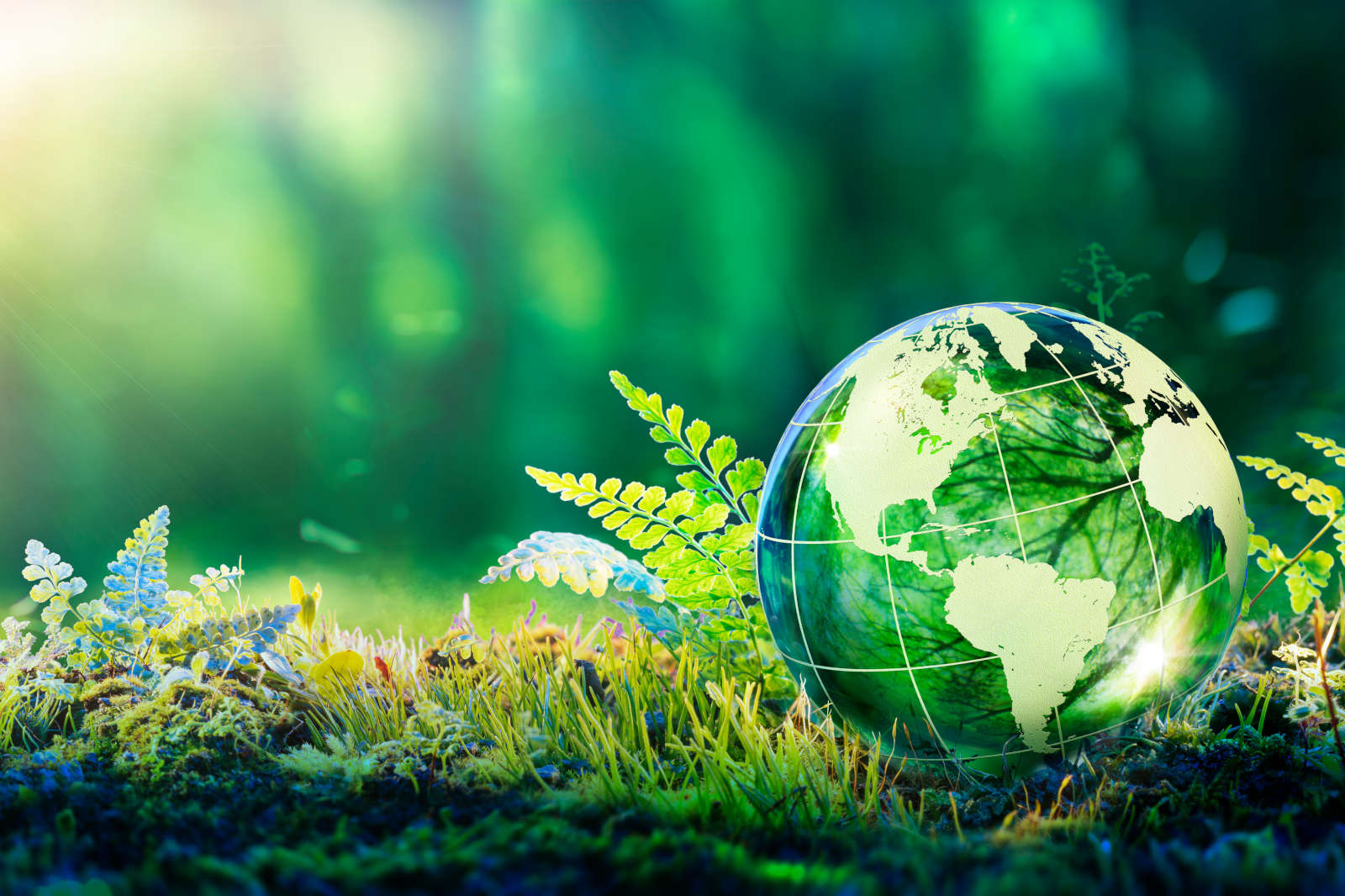 A glass globe depicting the Americas, surrounded by green plants and moss, in a lush forest setting with soft light.