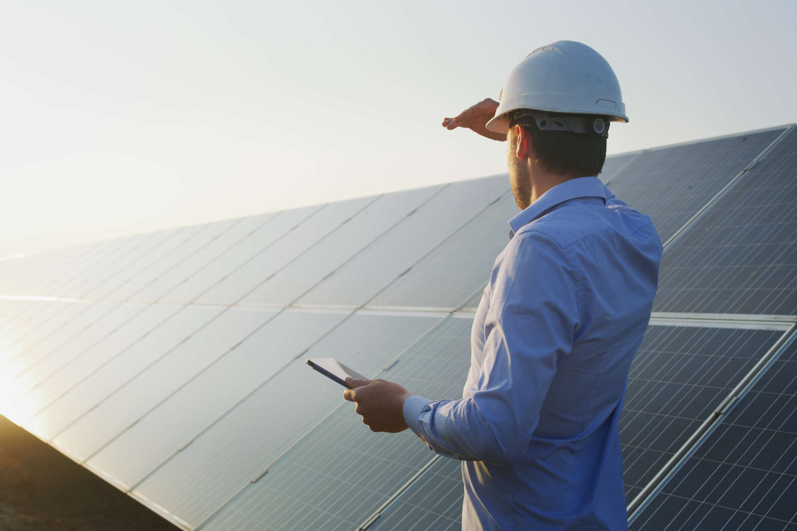A man in a hard hat stands by solar panels, shielding his eyes while holding a tablet, observing the solar farm at sunset.
