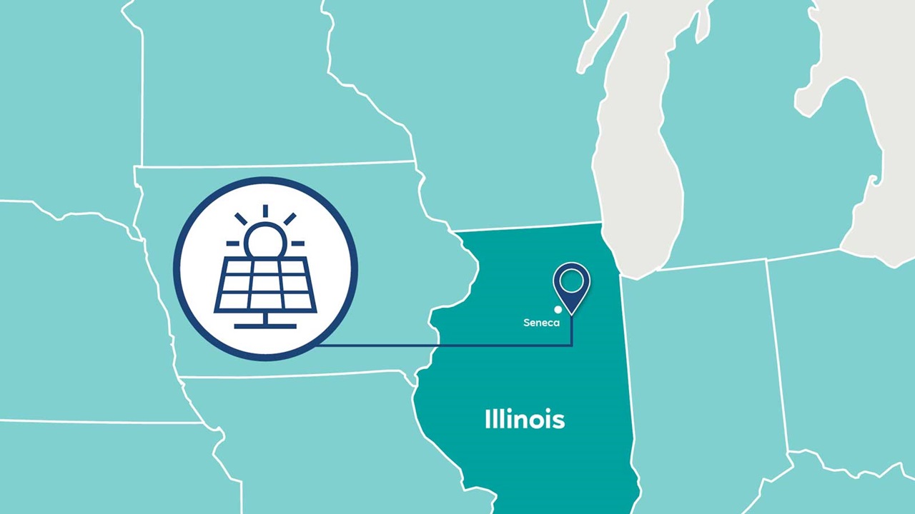 A map highlighting Illinois, with a focus on Seneca and a solar panel icon, indicating renewable energy use in the region.