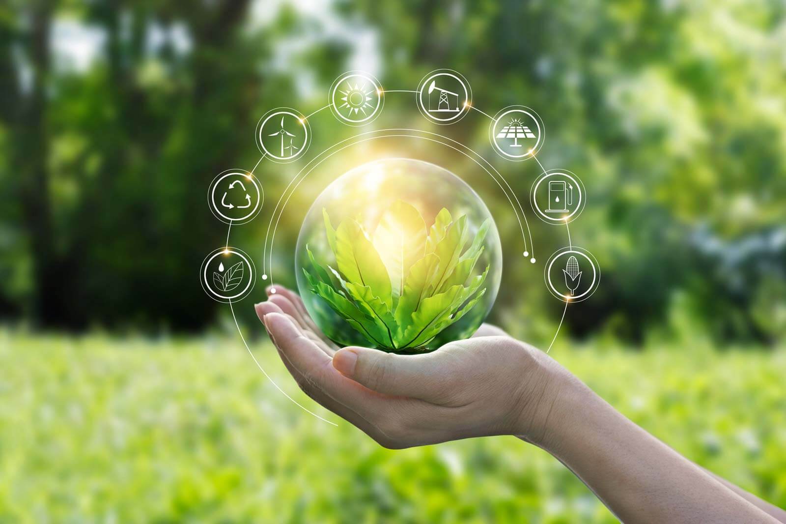 A hand holds a glass sphere with green leaves inside, surrounded by eco-icons representing renewable energy and sustainability.