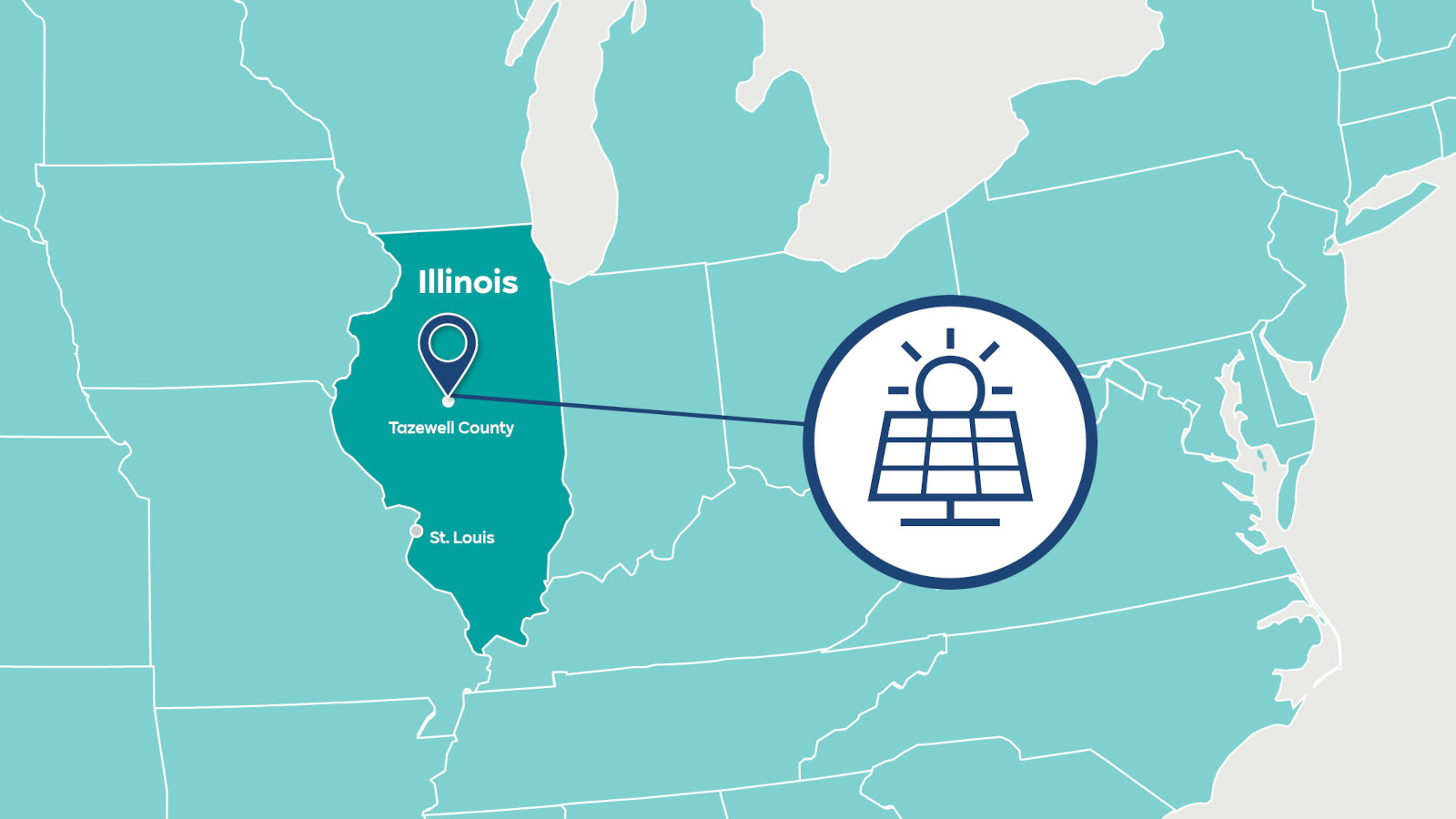 A map highlighting Illinois and Tazewell County with a solar panel icon, indicating St. Louis nearby.