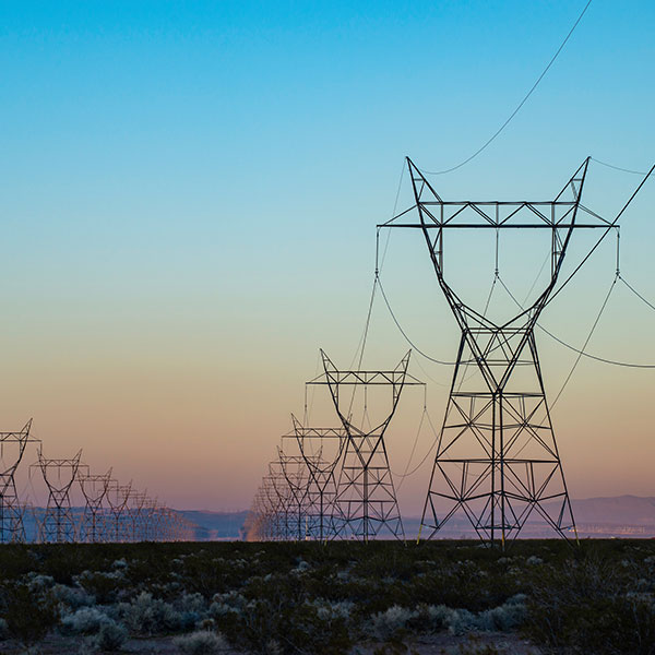 High-voltage power lines stretch across the desert landscape under a twilight sky.