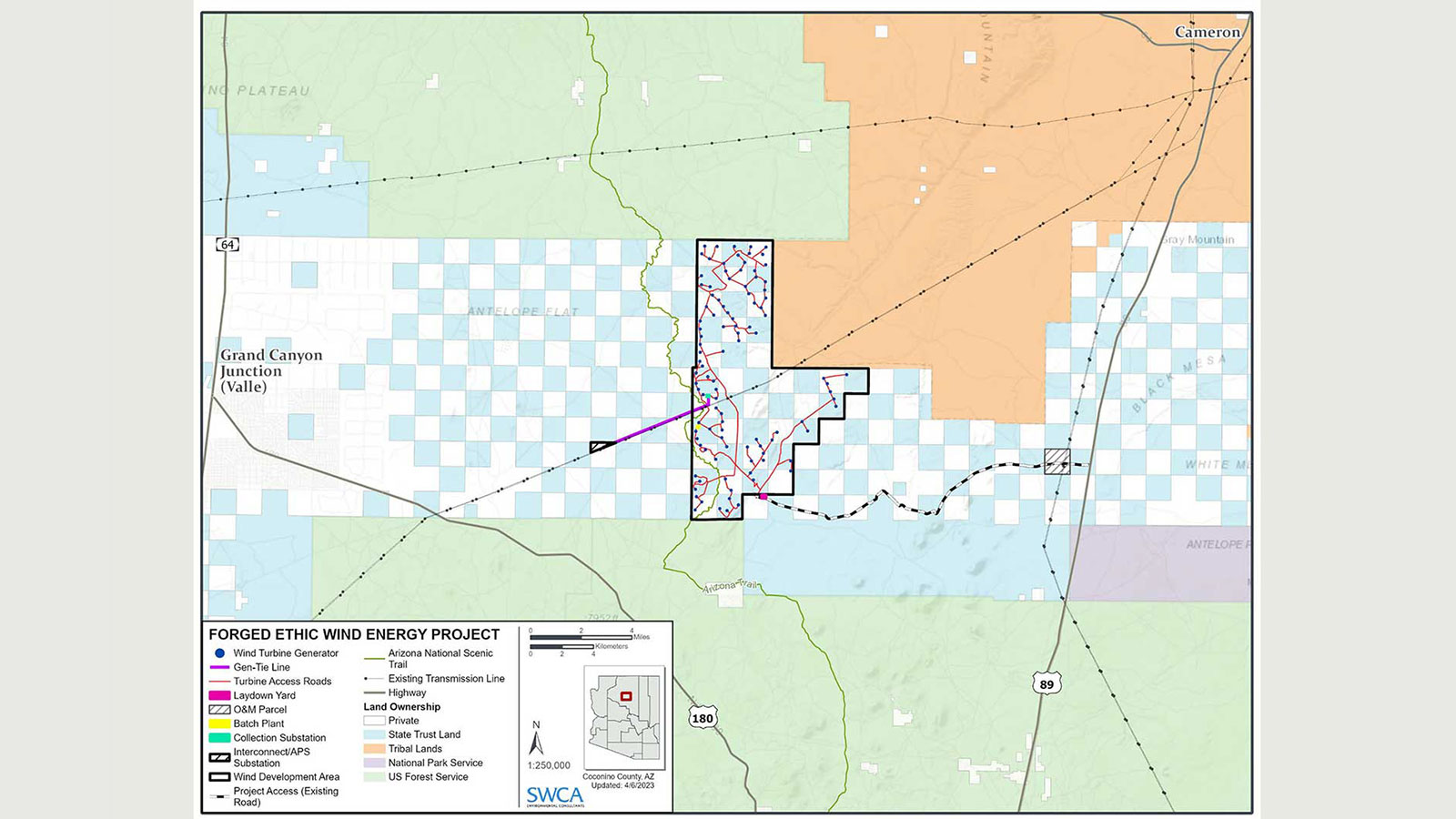 Map of the Forged Ethic Wind Energy Project in Coconino County, Arizona, showing land ownership and access routes.