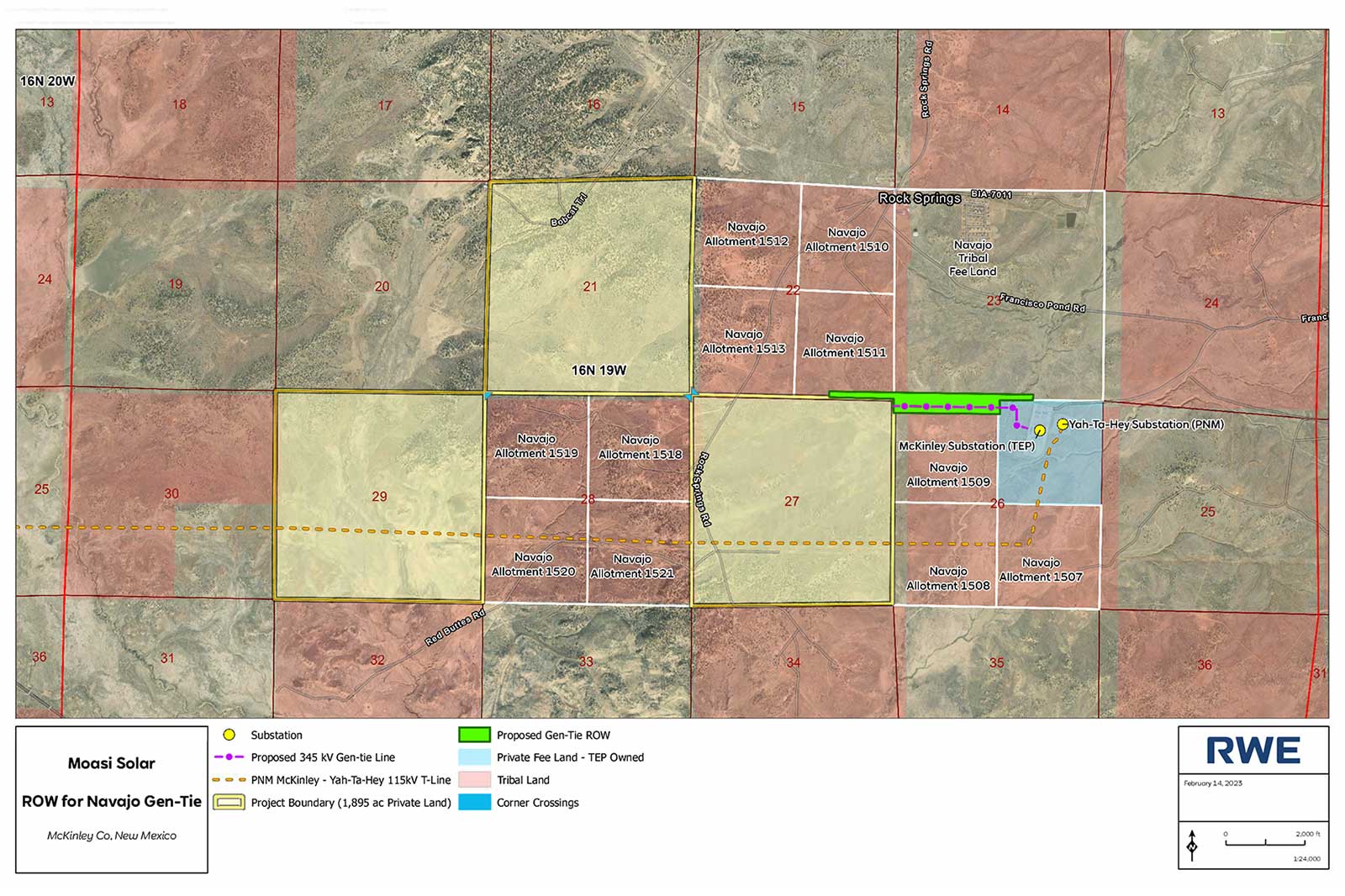 Map showing proposed solar project locations and infrastructure in McKinley County, New Mexico, with land allotments and substations.
