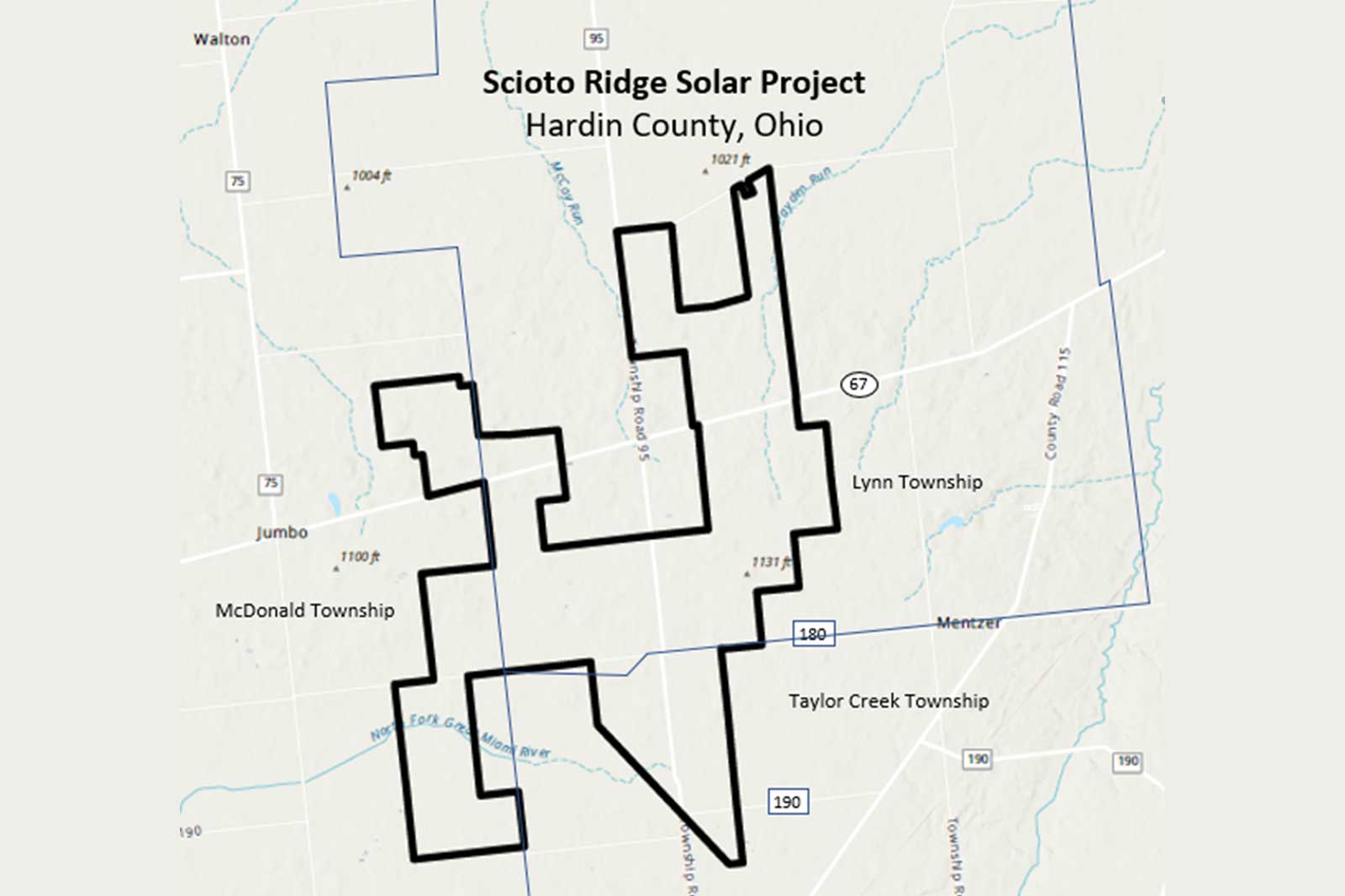 Map of the Scioto Ridge Solar Project in Hardin County, Ohio, showing outlined townships and elevation markers.