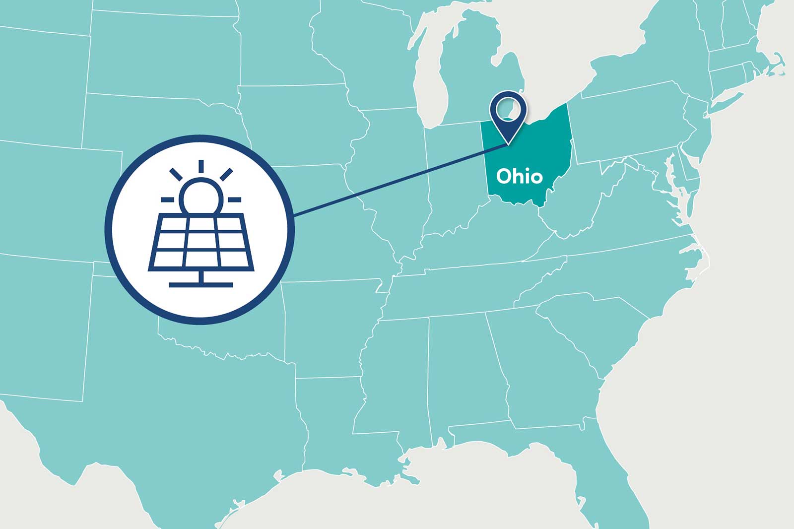 A map highlighting Ohio with a solar panel icon, indicating solar energy initiatives in the region.