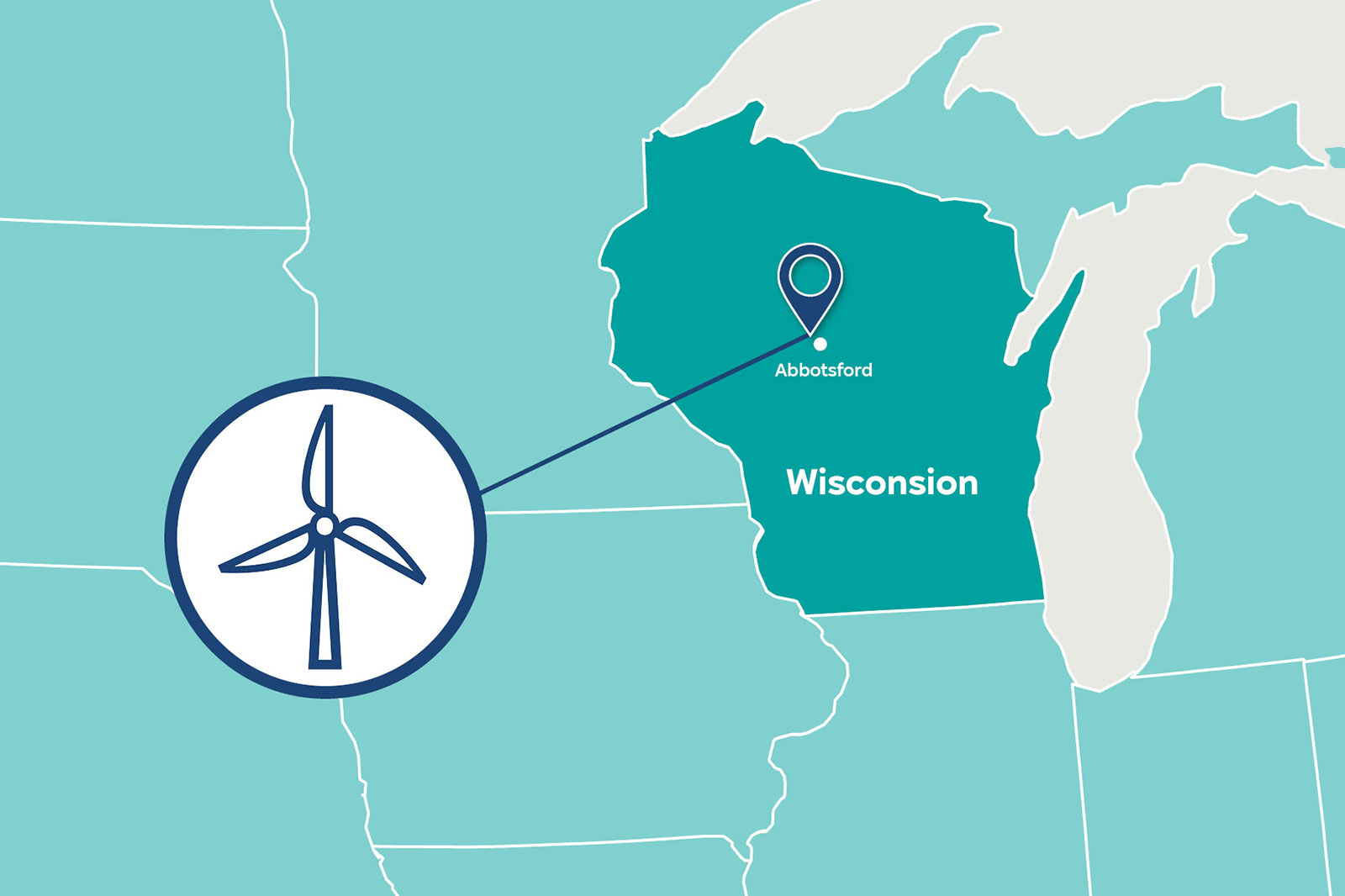 A map highlighting Abbotsford, Wisconsin, with a wind turbine icon and a marker indicating its location.