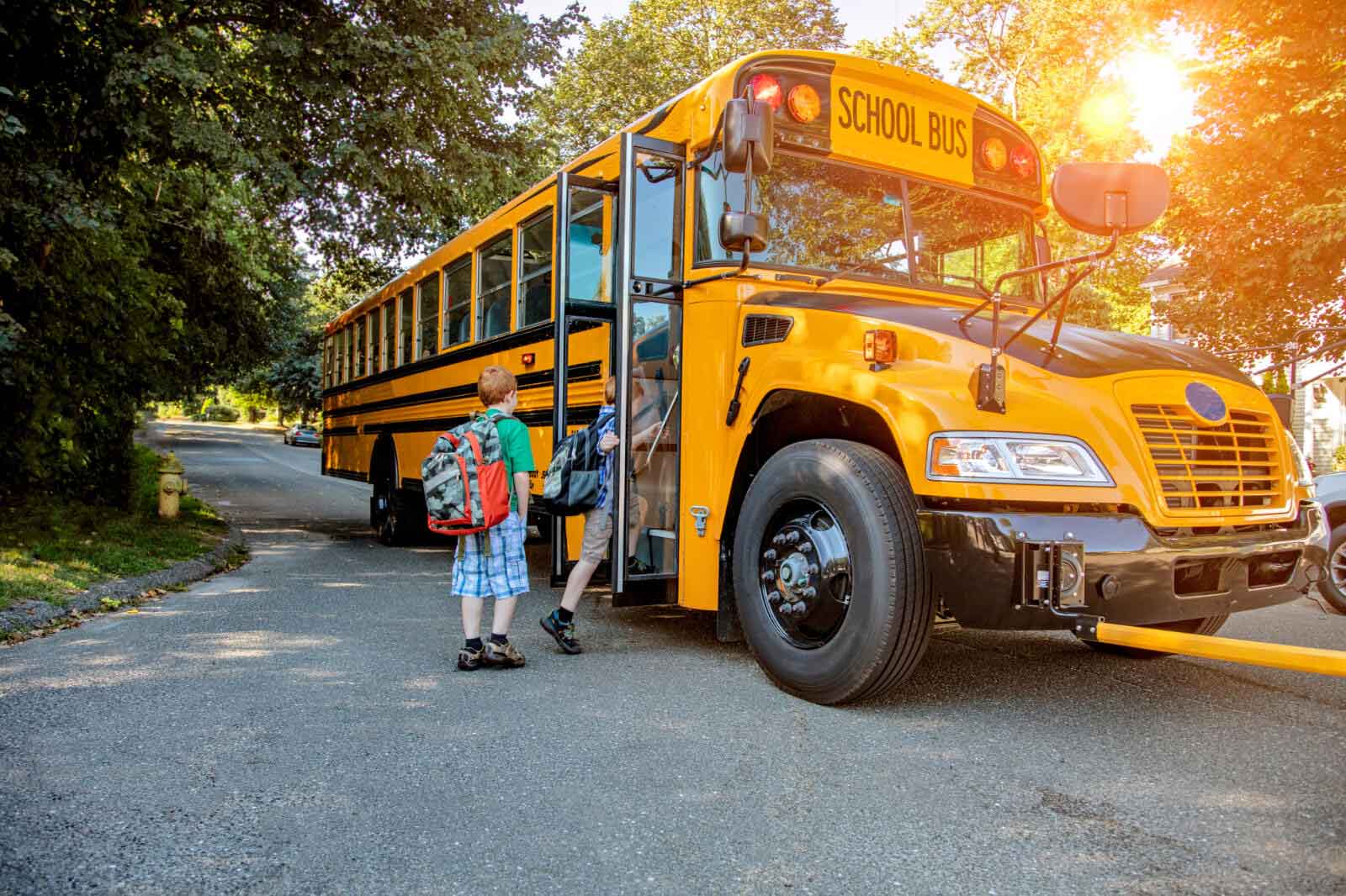 Children boarding a yellow school bus on a sunny day, with trees lining the road.