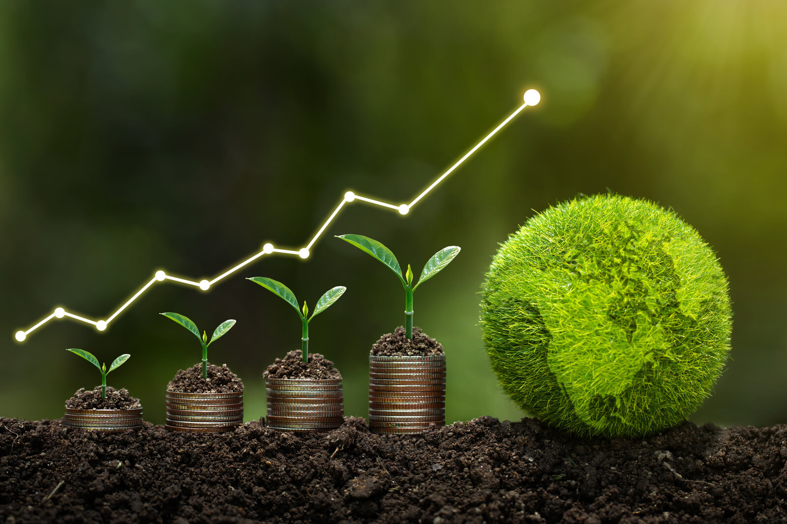 A green globe made of grass sits beside growing plants in coins, symbolising growth and sustainability.