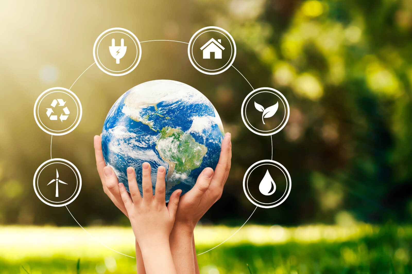 Hands holding the Earth with icons symbolising sustainability, energy, home, recycling, and water in a natural setting.