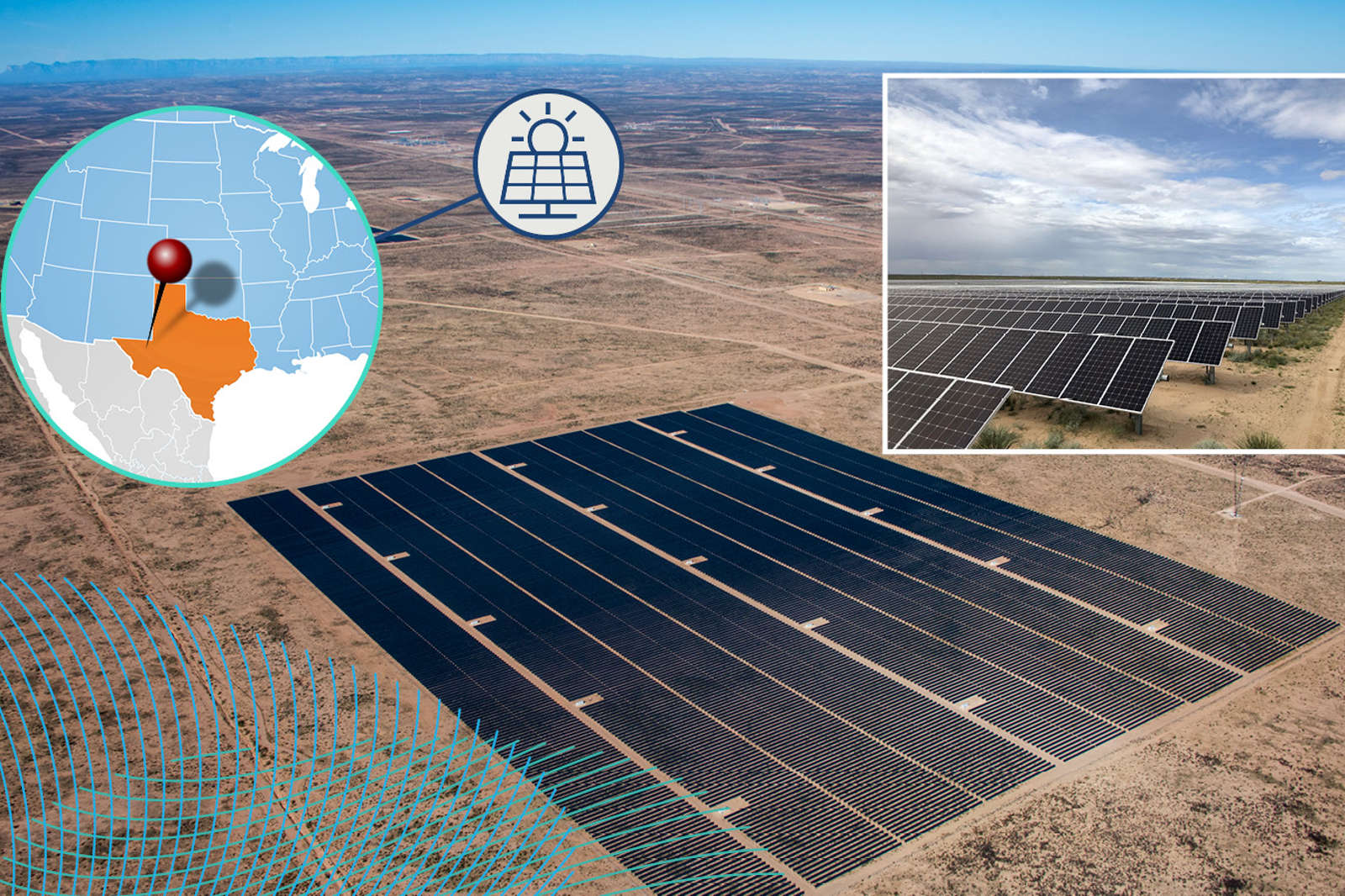A large solar farm in Texas, surrounded by desert. An inset shows a close-up of the solar panels.