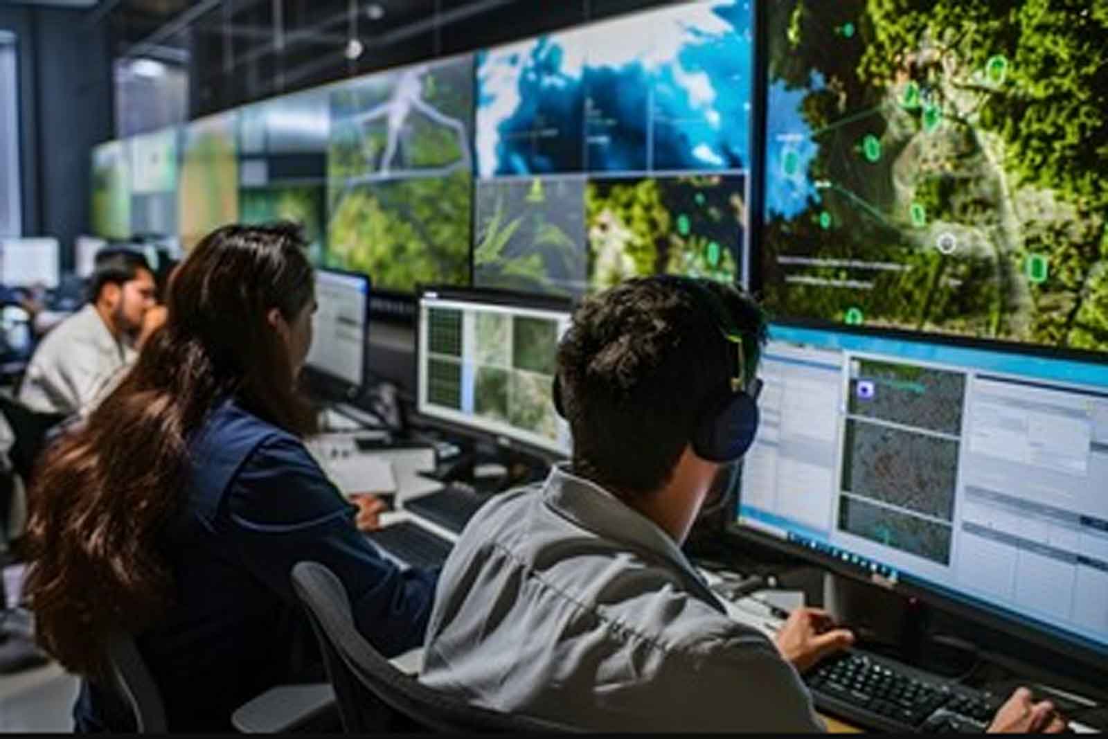 Two individuals work in a modern control room. Large screens display maps and data analyses.